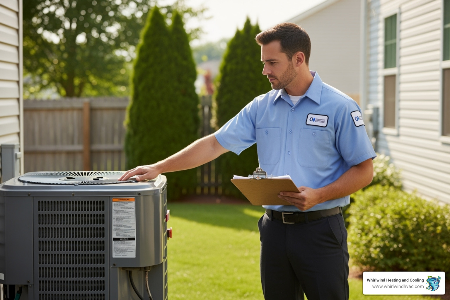 Certified technician inspecting an outdoor AC unit with a clipboard - hvac tune up Certified technician inspecting an outdoor AC unit with a clipboard - hvac tune up