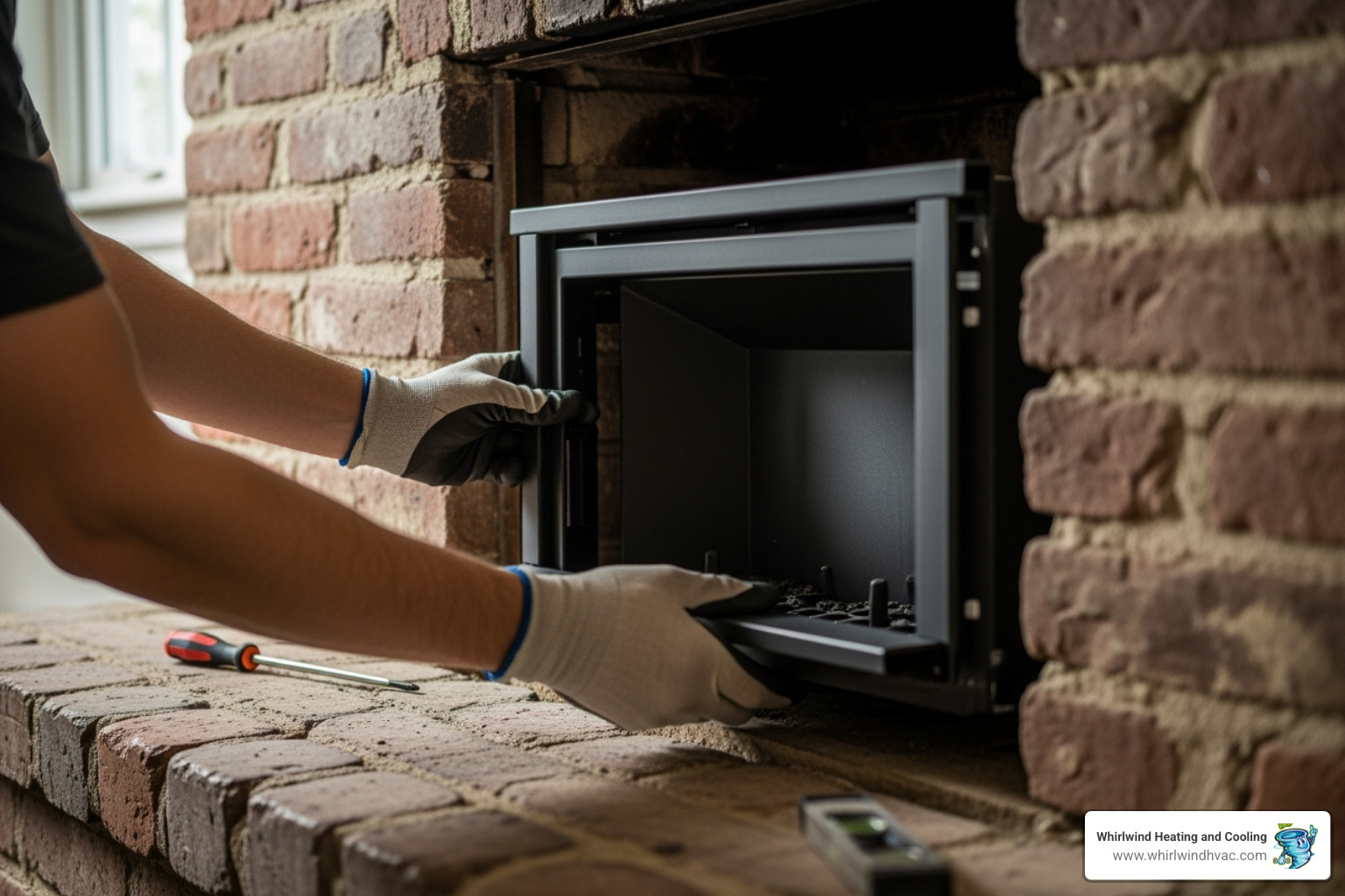 of a gas fireplace insert being fitted into an old brick fireplace - gas fireplace installation near me