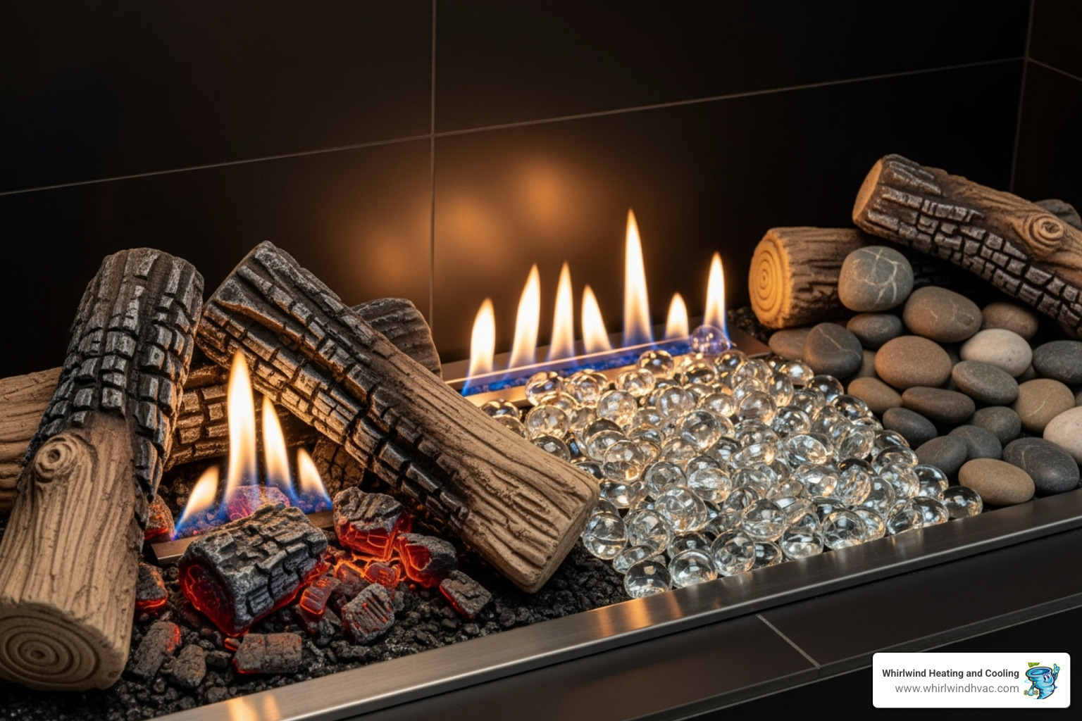 showcasing different media options like glass crystals, stones, and realistic logs - gas fireplace installation near me
