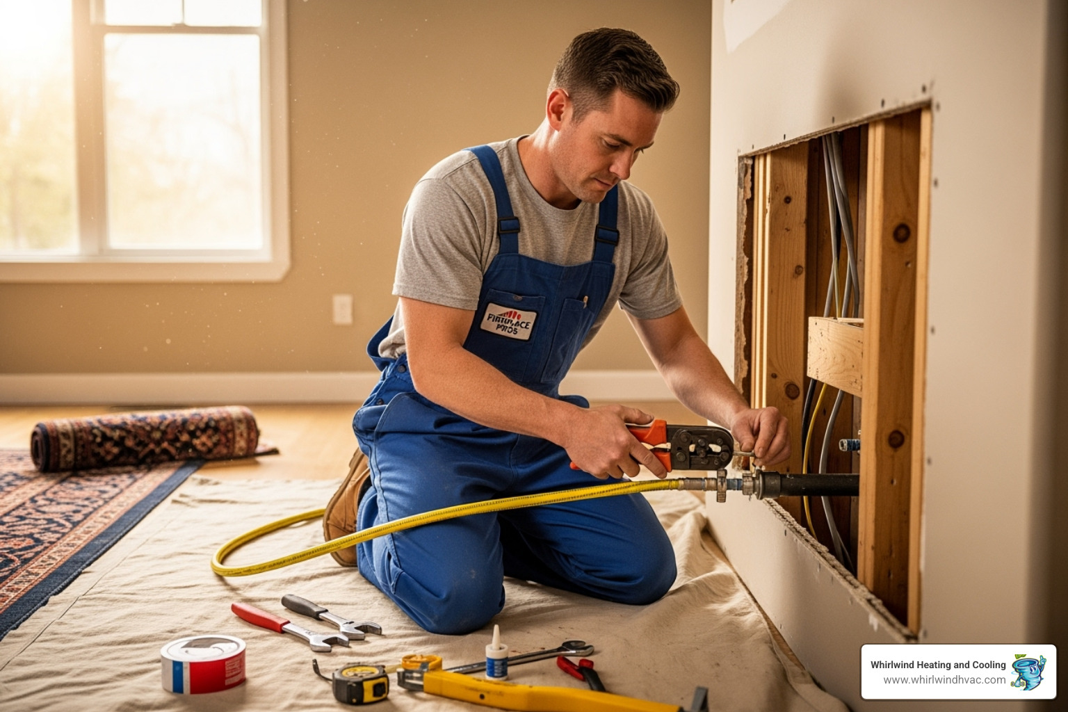 of a certified technician carefully installing a gas line for a fireplace - gas fireplace installation near me