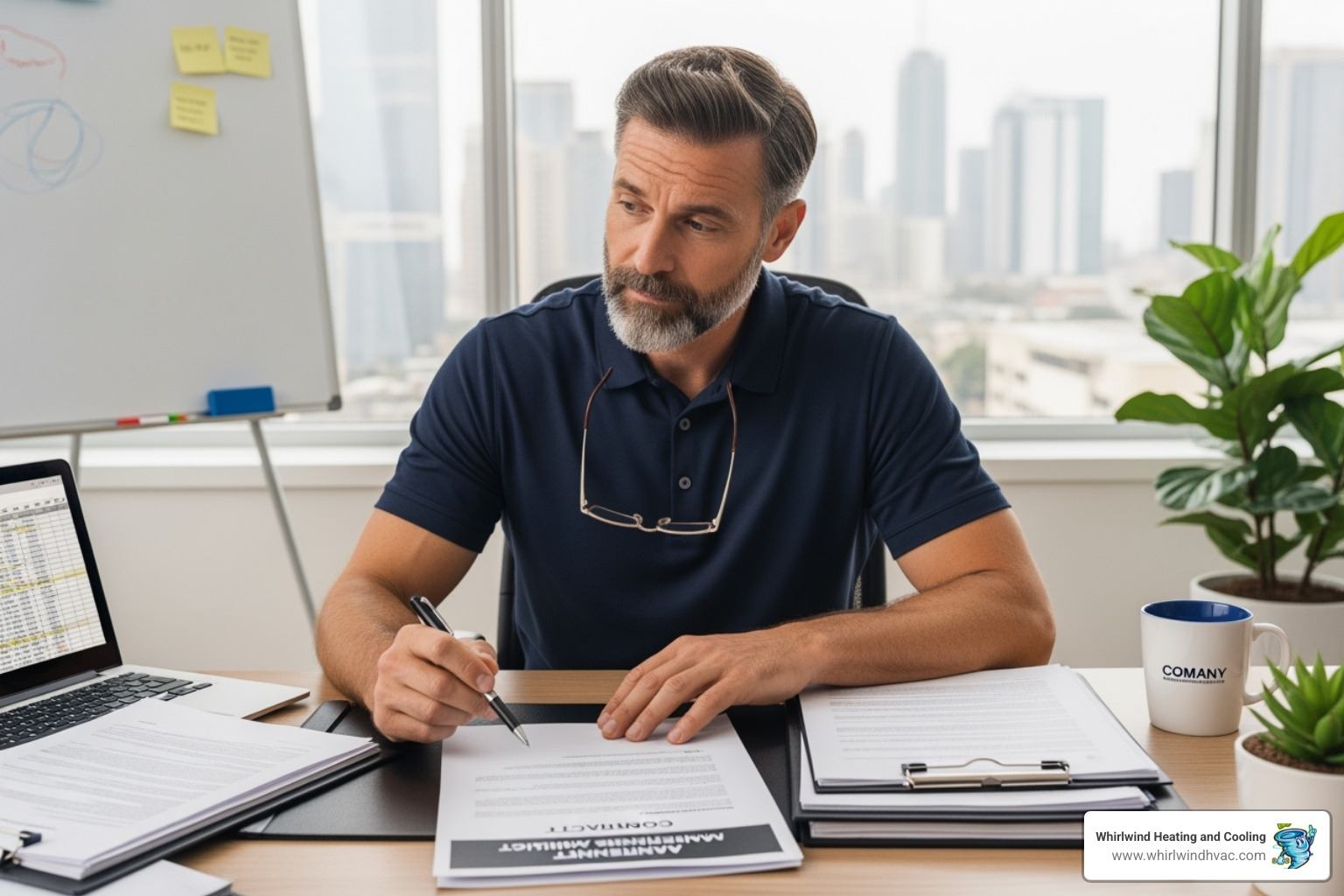 A facility manager reviewing a maintenance contract - commercial hvac maintenance