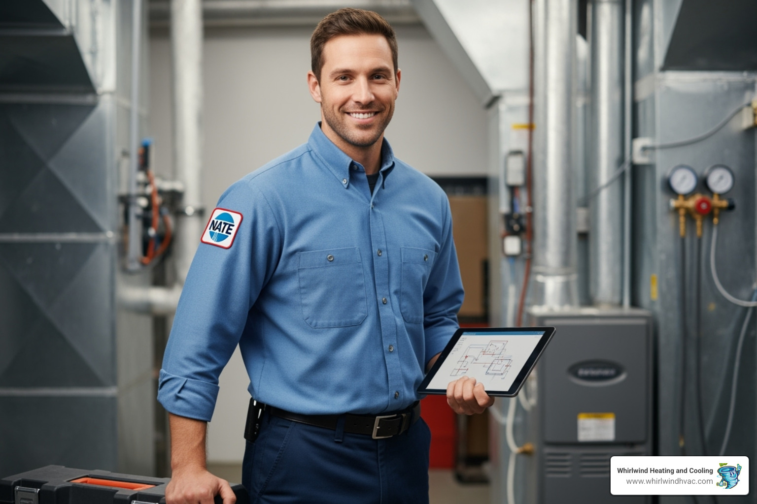 Certified HVAC technician wearing a NATE patch - local hvac installation