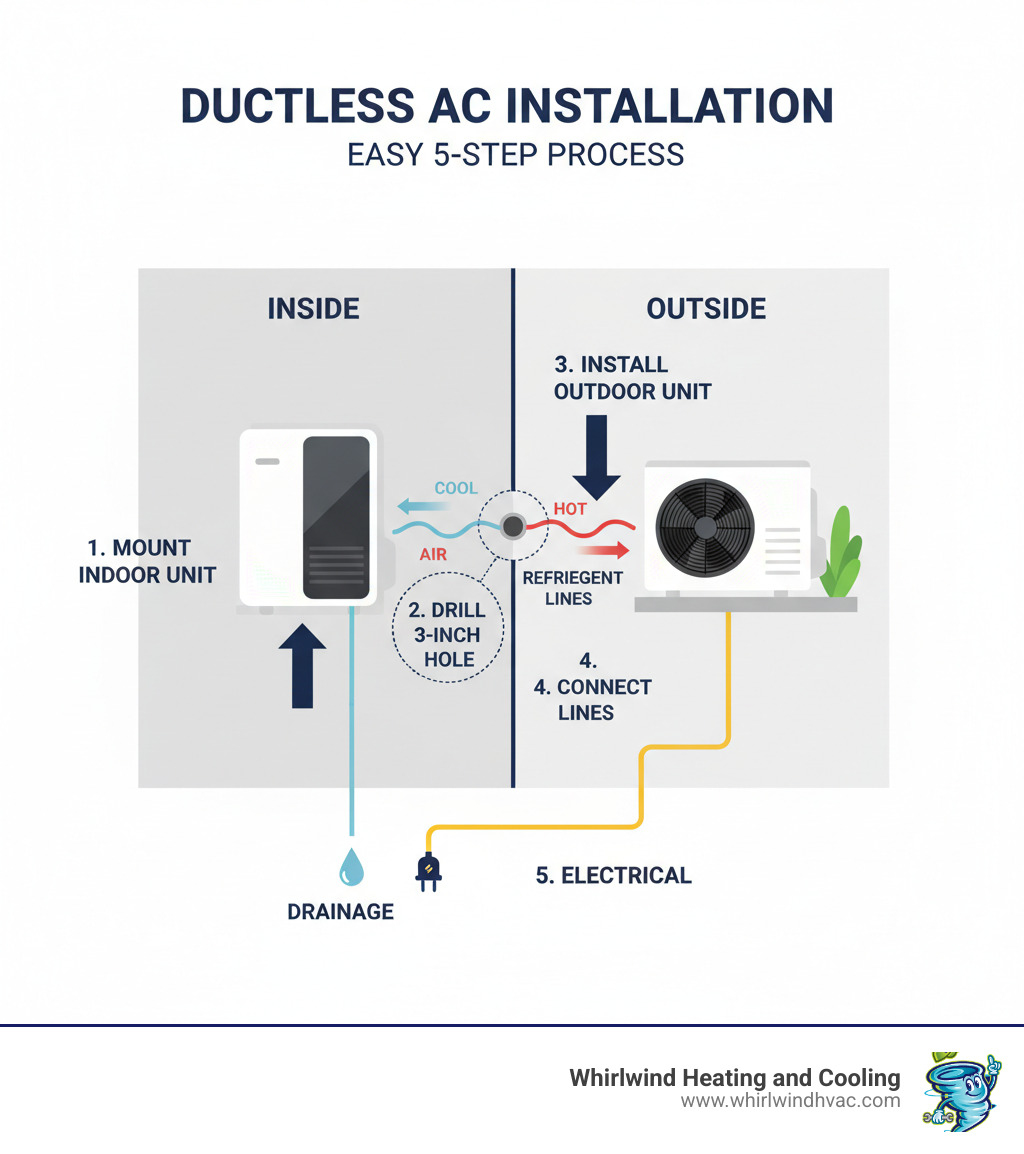 Infographic showing ductless mini-split installation process: indoor unit mounted on wall connects through small hole to outdoor condenser unit, with refrigerant lines carrying cool air inside and hot air outside, plus electrical connections and drainage system - ductless ac installation infographic 