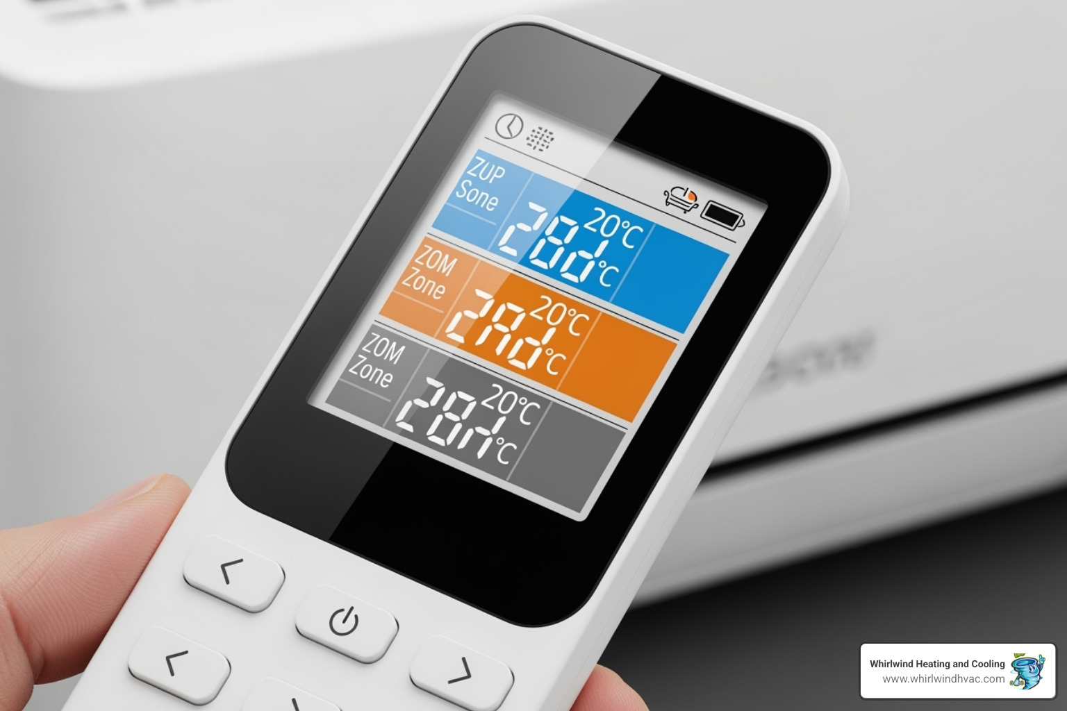 A remote control showing different zones and temperatures on its display - ductless air conditioning