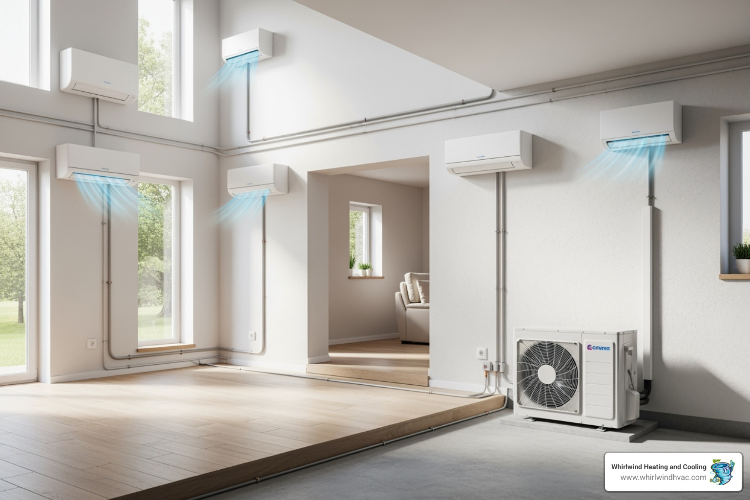 A multi-zone setup with one outdoor unit connected to several indoor units on different walls - ductless air conditioning