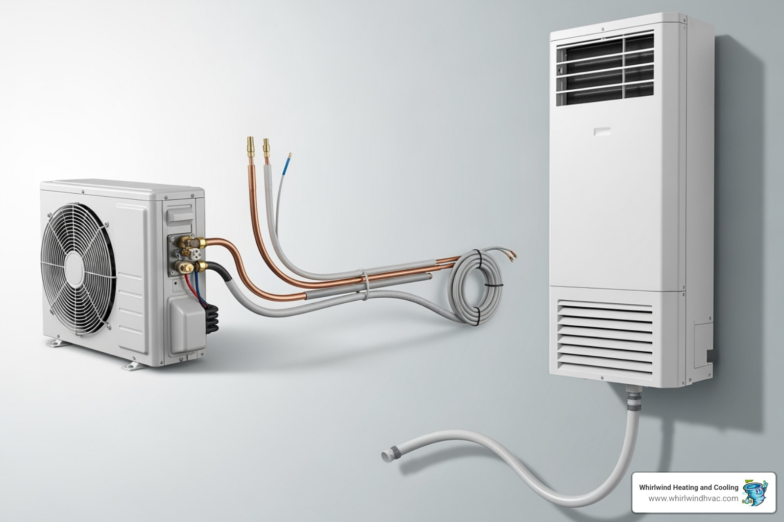 Main components of a ductless system laid out and labeled: outdoor unit, indoor unit, refrigerant lines, electrical wiring, condensate drain - ductless air conditioning