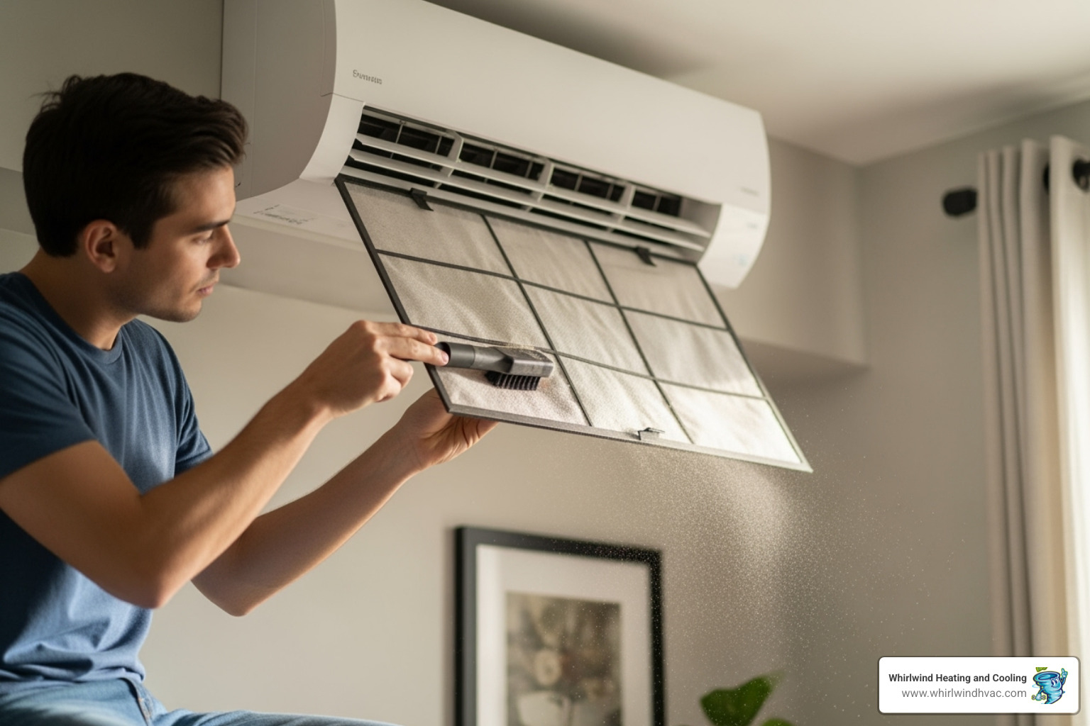 Person cleaning indoor unit air filter of a ductless mini-split system - ductless ac installation