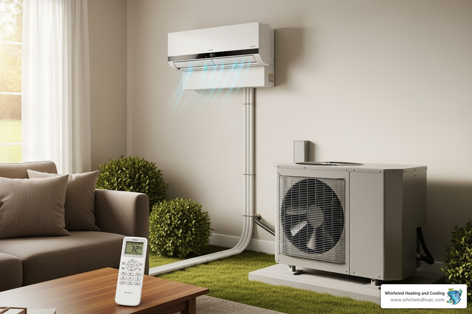 Key components of a ductless mini-split system: indoor air handler, outdoor condenser, remote control, and line set conduit - ductless ac installation