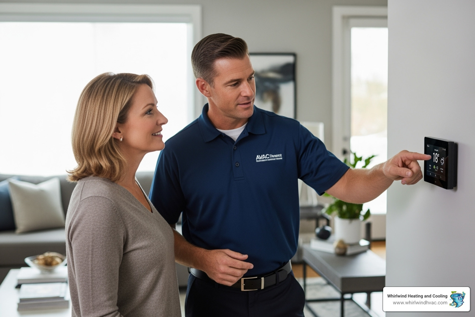 technician explaining smart thermostat - heating installation near me
