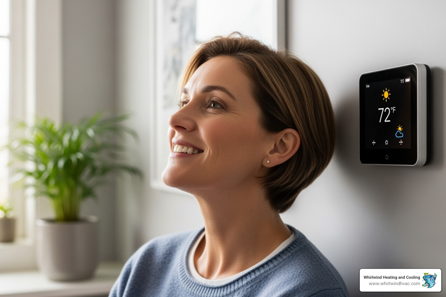 Homeowner smiling while looking at their new smart thermostat - ac installation near me