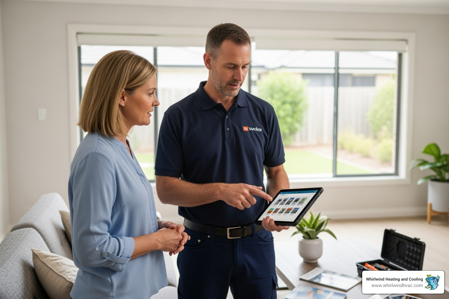 HVAC technician showing a homeowner different system options on a tablet - hvac system upgrade