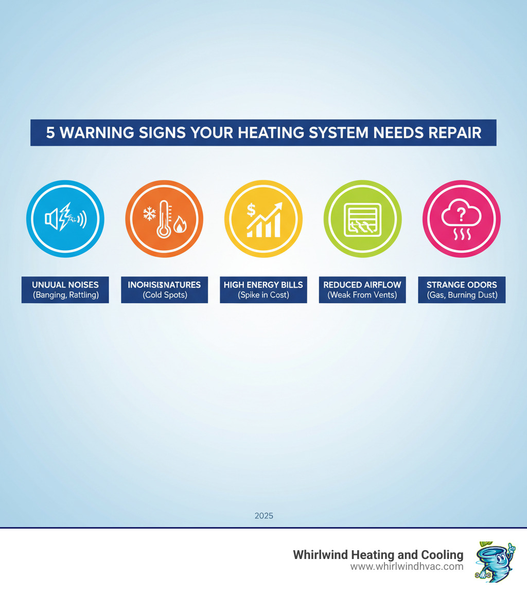 Infographic showing the top 5 warning signs your heating system needs repair: unusual noises like banging or rattling, inconsistent room temperatures with cold spots, unexpectedly high energy bills, reduced airflow from vents, and strange odors like gas or burning dust smells - heating system repair infographic Infographic showing the top 5 warning signs your heating system needs repair: unusual noises like banging or rattling, inconsistent room temperatures with cold spots, unexpectedly high energy bills, reduced airflow from vents, and strange odors like gas or burning dust smells - heating system repair infographic