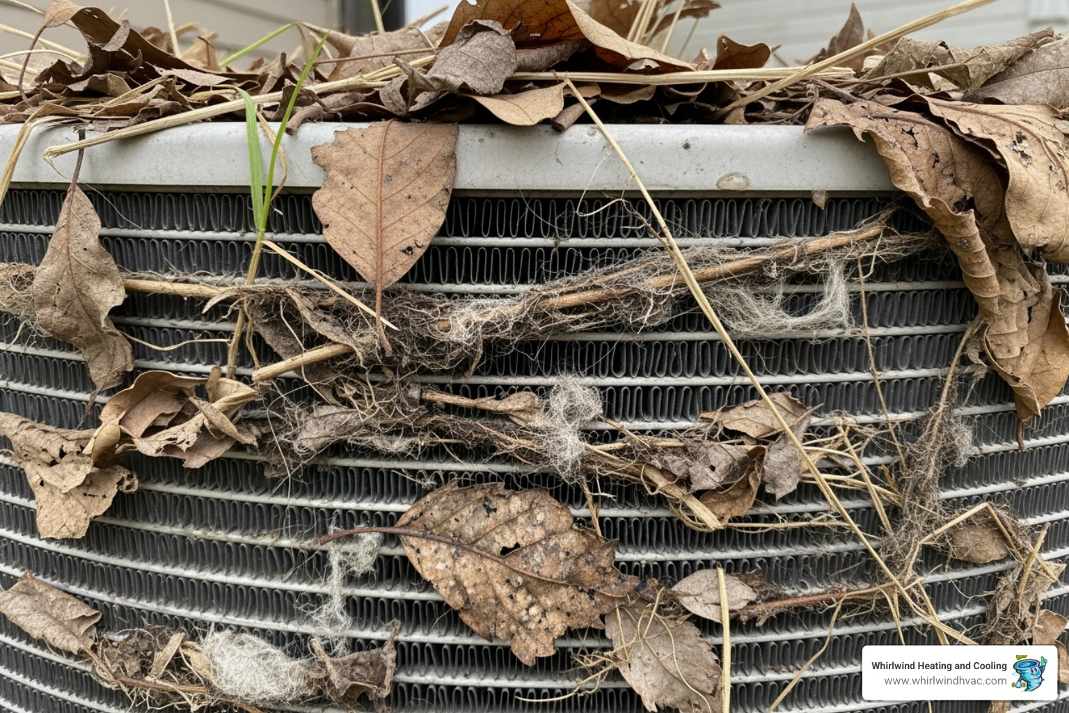 Dirty and clogged AC condenser coil covered in leaves and debris, highlighting the importance of regular cleaning - ac condenser repair