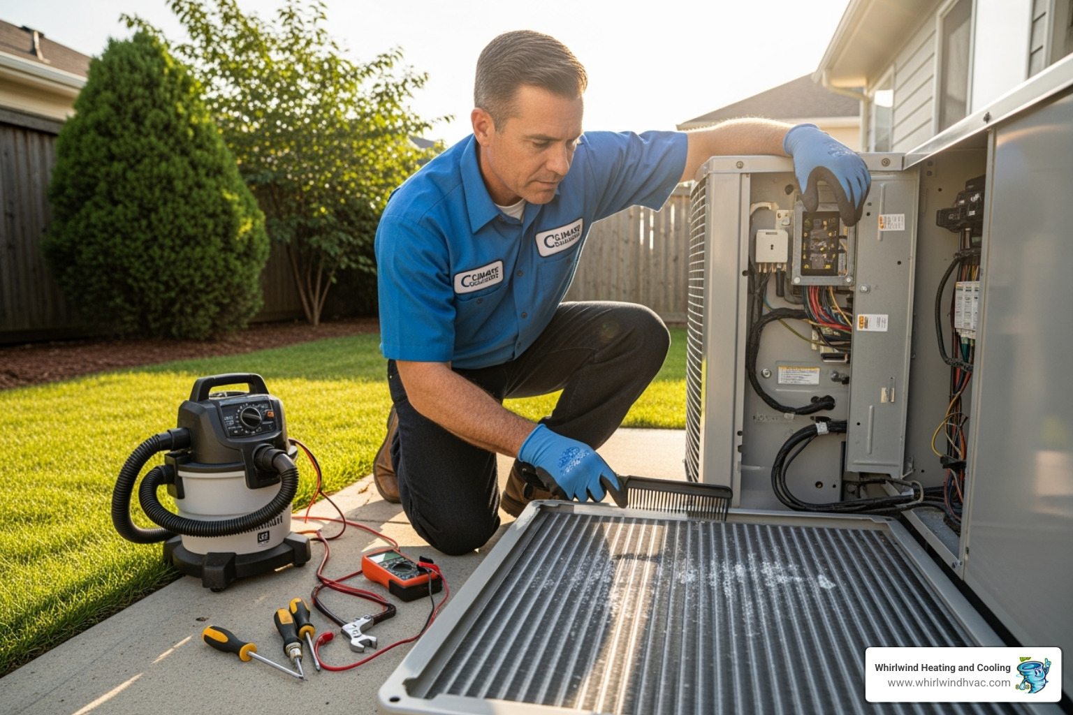 HVAC technician performing maintenance on an outdoor AC condenser unit, cleaning coils and checking components - ac condenser repair