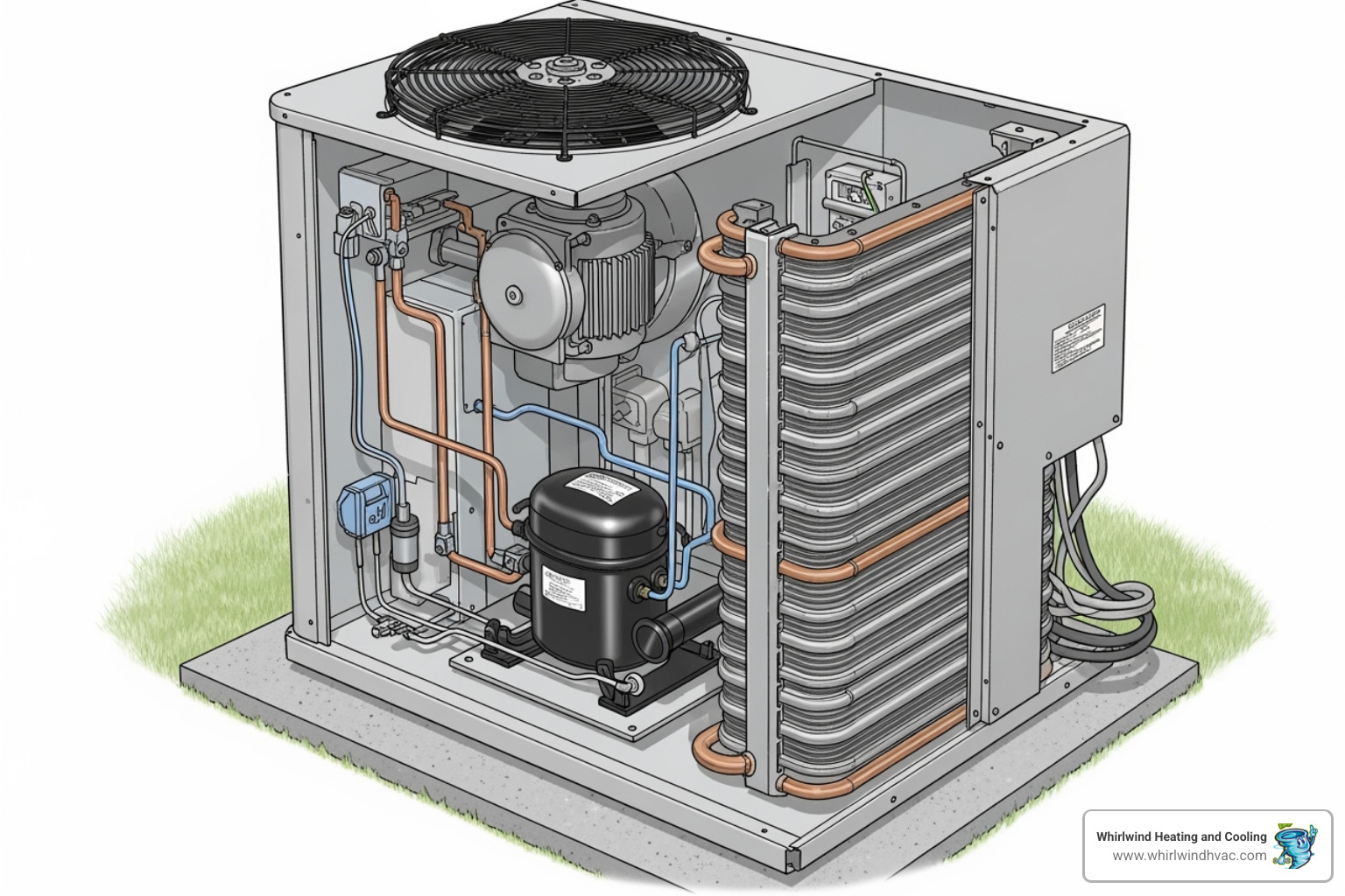 Diagram labeling the parts of an AC condenser, including the condenser coils, fan, compressor, and refrigerant lines, showing the flow of refrigerant and heat exchange process - ac condenser repair