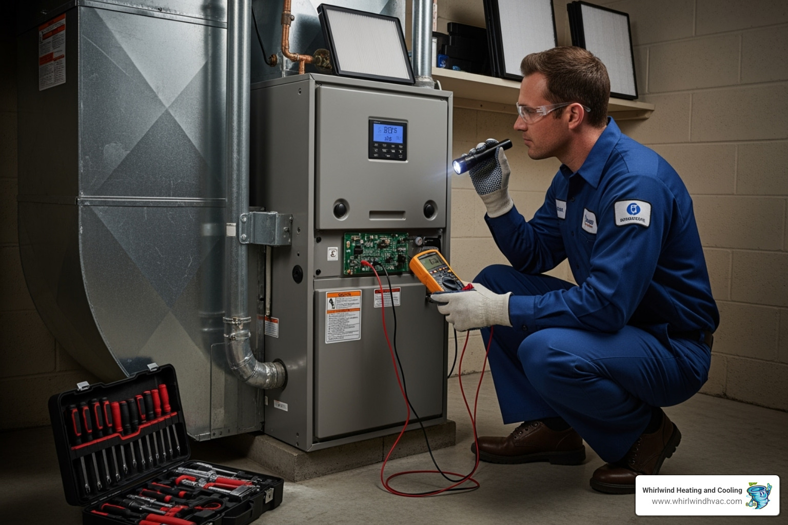 A clean, well-maintained furnace unit with a technician checking its components - heating system repair A clean, well-maintained furnace unit with a technician checking its components - heating system repair