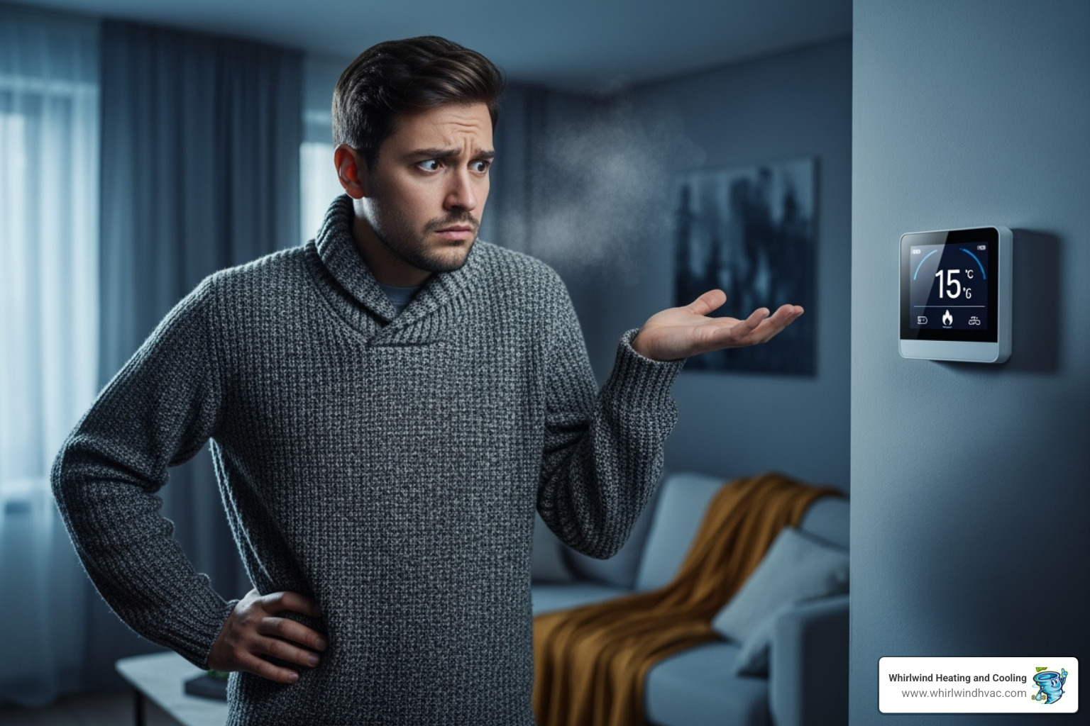 A confused homeowner looking at their thermostat, wondering why the house is still cold - heating system repair A confused homeowner looking at their thermostat, wondering why the house is still cold - heating system repair