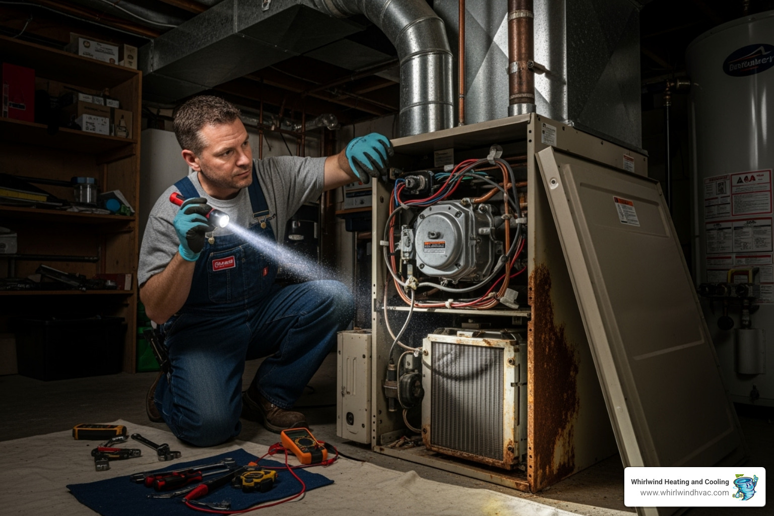 A skilled technician carefully inspecting the intricate components inside a furnace - heating system repair A skilled technician carefully inspecting the intricate components inside a furnace - heating system repair