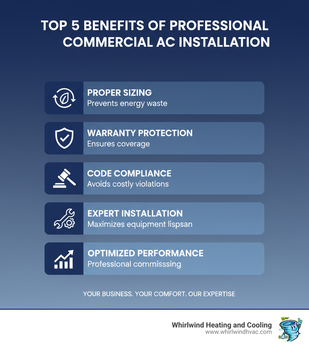 Infographic showing the top 5 benefits of professional commercial AC installation: proper system sizing prevents energy waste, warranty protection ensures coverage, code compliance avoids costly violations, expert installation maximizes equipment lifespan, and professional commissioning optimizes performance - commercial ac installation infographic 