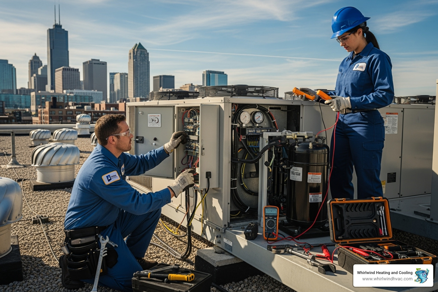 Certified HVAC technicians working on a commercial rooftop unit - commercial ac installation