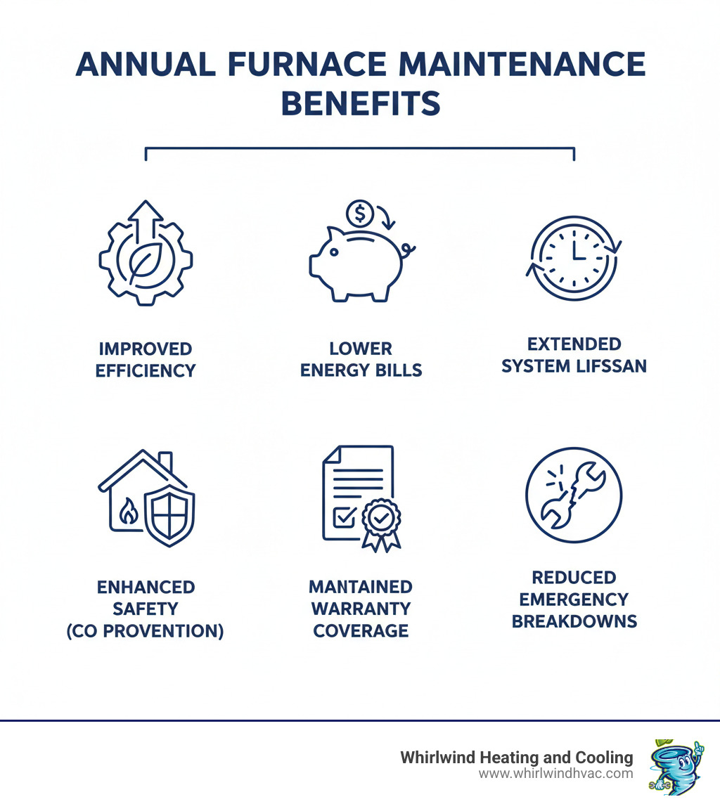 infographic showing annual furnace maintenance benefits including improved efficiency, lower energy bills, extended system lifespan, improved safety through carbon monoxide prevention, maintained warranty coverage, and reduced risk of emergency breakdowns - furnace service infographic 