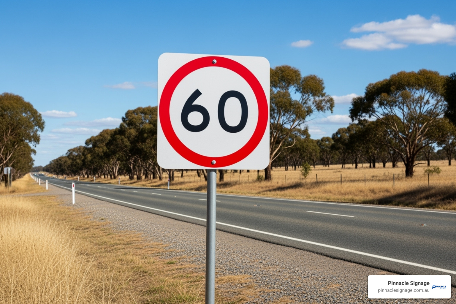 An official Australian R4-1 speed limit sign displaying '60' inside a red circle on a white background, placed on a public road - black and white speed limit sign