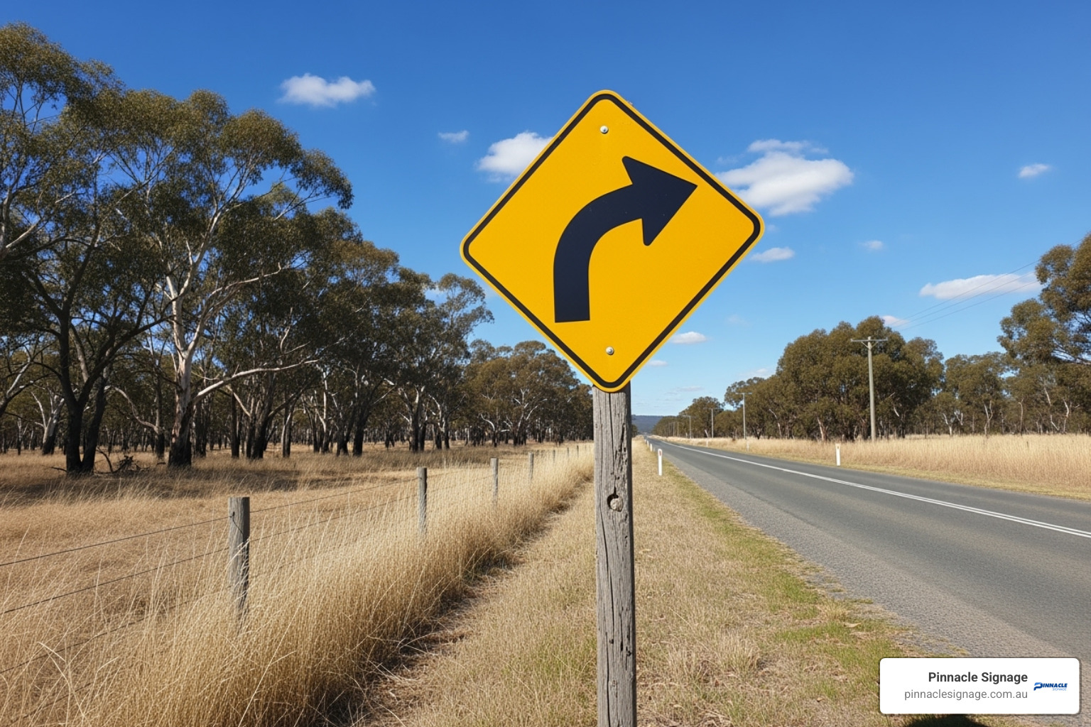 A yellow and black advisory speed sign for a sharp curve on an Australian rural road - day and night speed limit signs