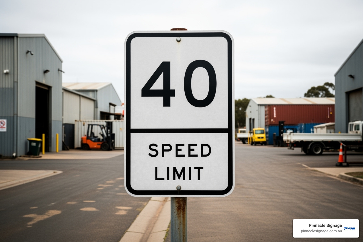 A rectangular black and white speed limit sign displaying 'SPEED LIMIT 20' in a private industrial area in Australia - black and white speed limit sign