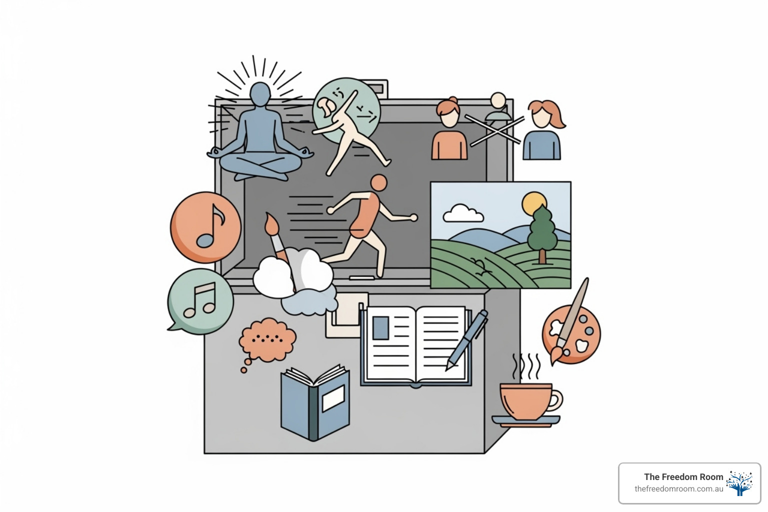conceptual toolbox filled with icons representing different coping skills like exercise, meditation, and social connection - Developing coping mechanisms