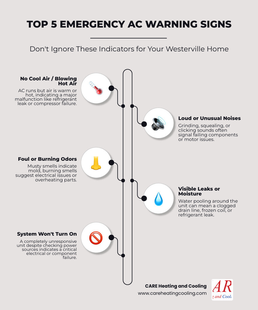 Infographic showing the top 5 emergency AC repair warning signs: no cool air production, loud grinding or squealing noises, burning or musty odors, visible water leaks around the unit, and system that won't turn on at all - emergency ac repair westerville infographic infographic-line-5-steps-neat_beige Infographic showing the top 5 emergency AC repair warning signs: no cool air production, loud grinding or squealing noises, burning or musty odors, visible water leaks around the unit, and system that won't turn on at all - emergency ac repair westerville infographic infographic-line-5-steps-neat_beige