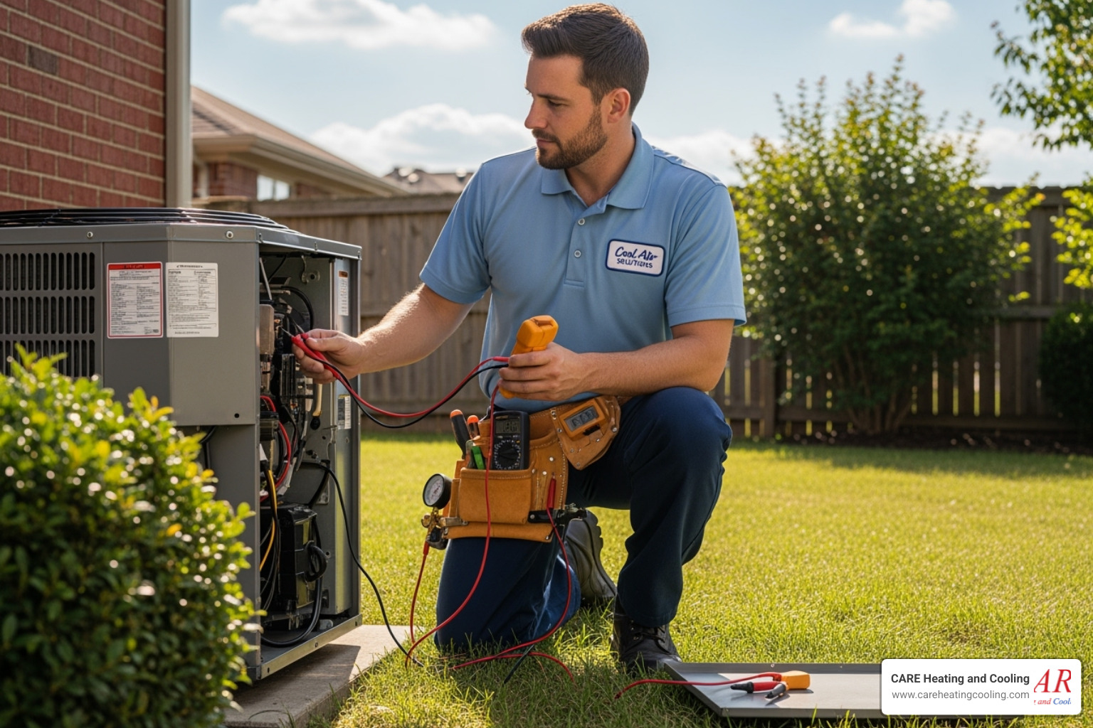 a friendly, professional technician diagnosing an AC unit - emergency ac repair westerville a friendly, professional technician diagnosing an AC unit - emergency ac repair westerville