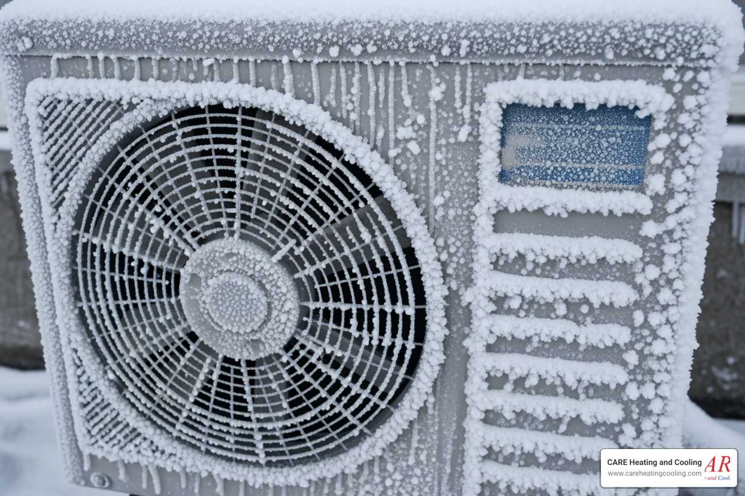 A close-up image of a heat pump's outdoor unit covered in a thick layer of ice and frost, indicating a malfunction. - heat pump repair westerville A close-up image of a heat pump's outdoor unit covered in a thick layer of ice and frost, indicating a malfunction. - heat pump repair westerville