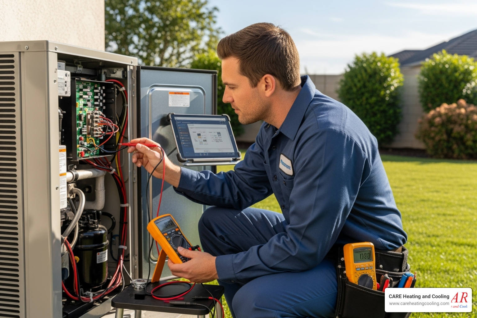 A professional HVAC technician in uniform is shown examining the internal components of an outdoor heat pump unit with diagnostic tools, highlighting expertise and safety. - heat pump repair westerville A professional HVAC technician in uniform is shown examining the internal components of an outdoor heat pump unit with diagnostic tools, highlighting expertise and safety. - heat pump repair westerville