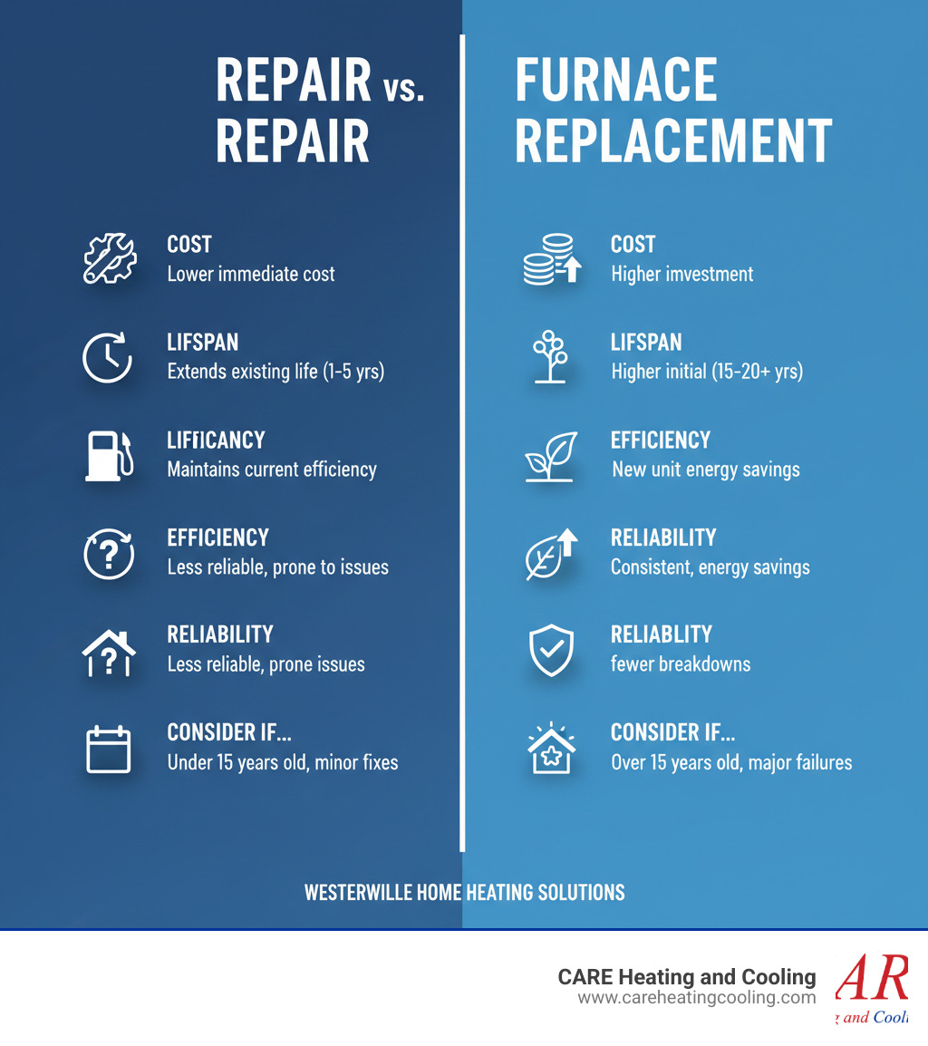 Comparison of factors for furnace repair vs. replacement - furnace repair westerville infographic Comparison of factors for furnace repair vs. replacement - furnace repair westerville infographic