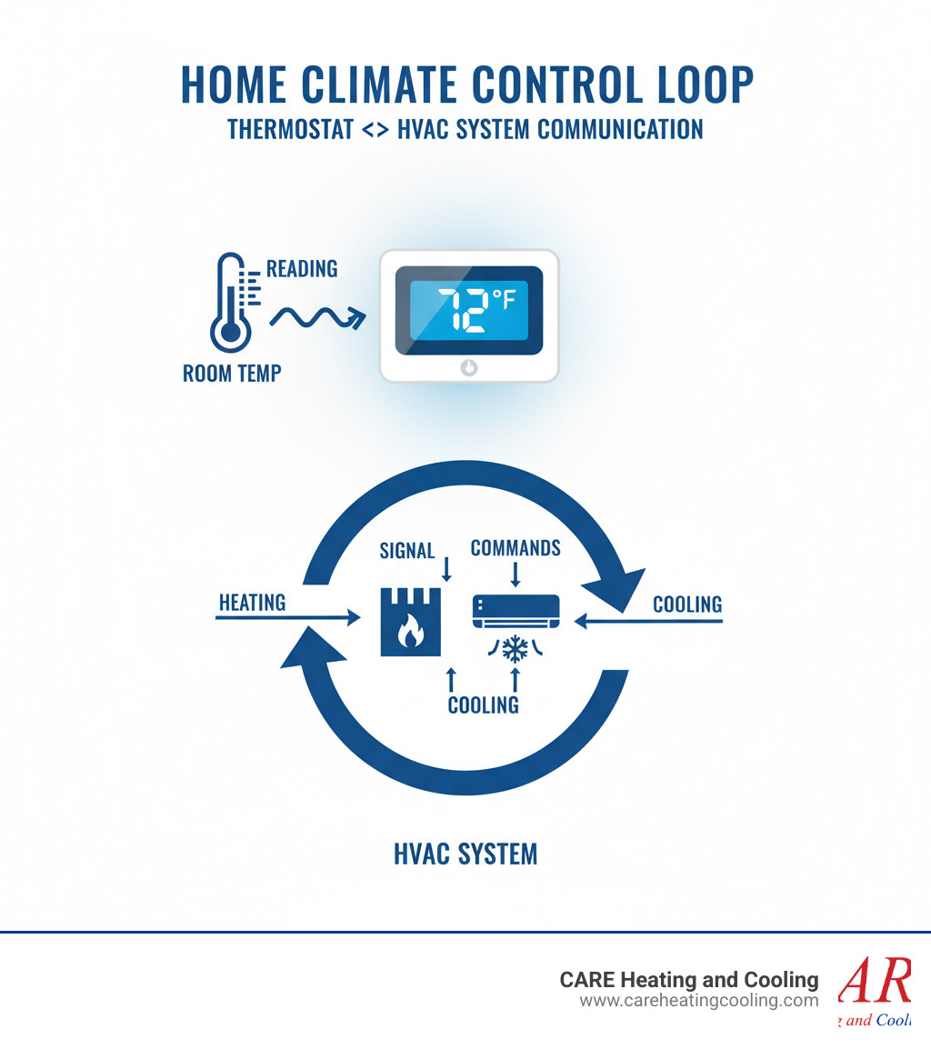 Detailed infographic showing thermostat communication with HVAC system including temperature sensor reading room temperature, thermostat processing signal and sending commands to furnace and air conditioner, with arrows showing the control loop cycle - thermostat repair westerville infographic Detailed infographic showing thermostat communication with HVAC system including temperature sensor reading room temperature, thermostat processing signal and sending commands to furnace and air conditioner, with arrows showing the control loop cycle - thermostat repair westerville infographic