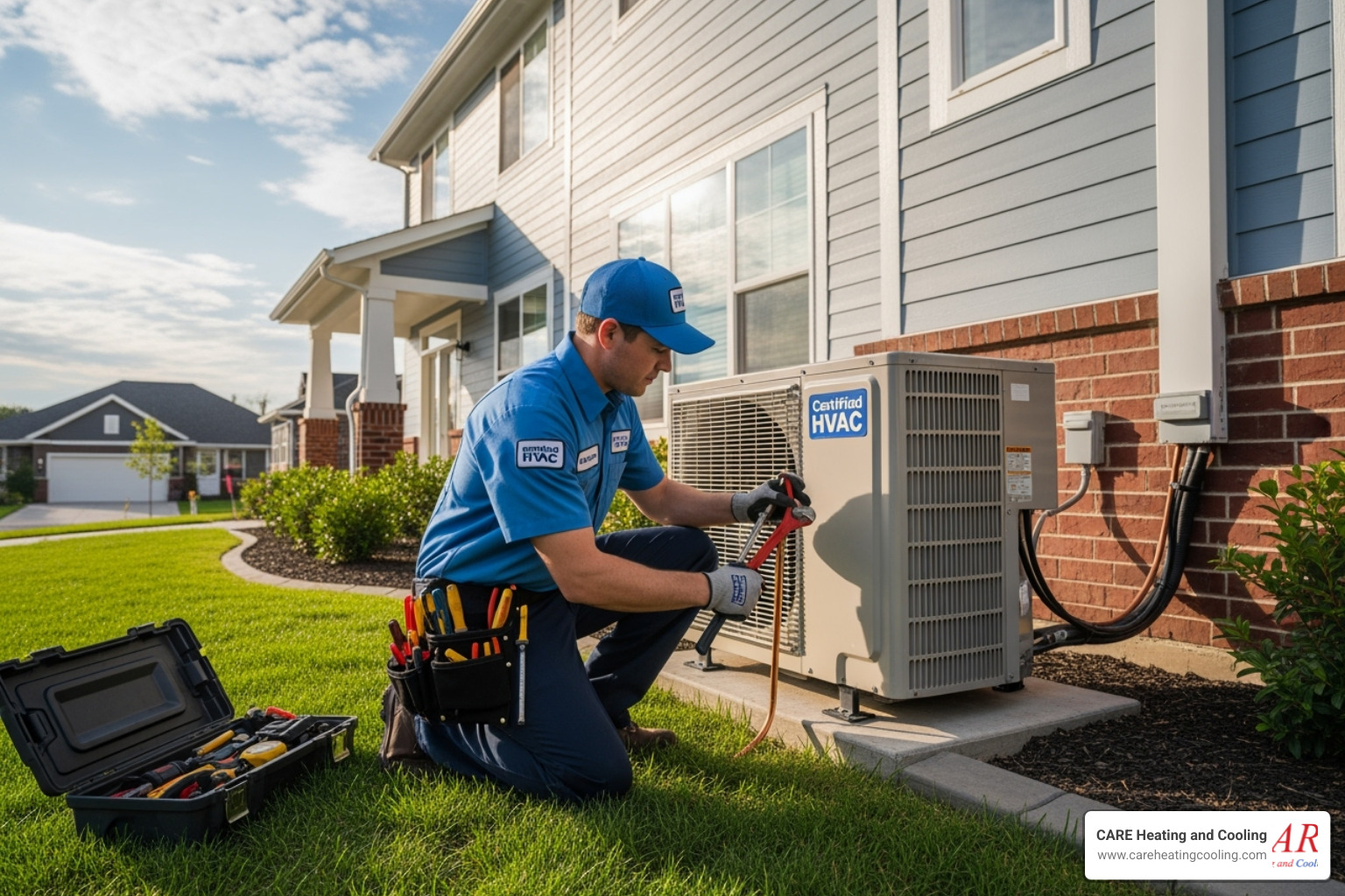 a certified technician carefully installing a heat pump outdoor unit - heat pump installation westerville