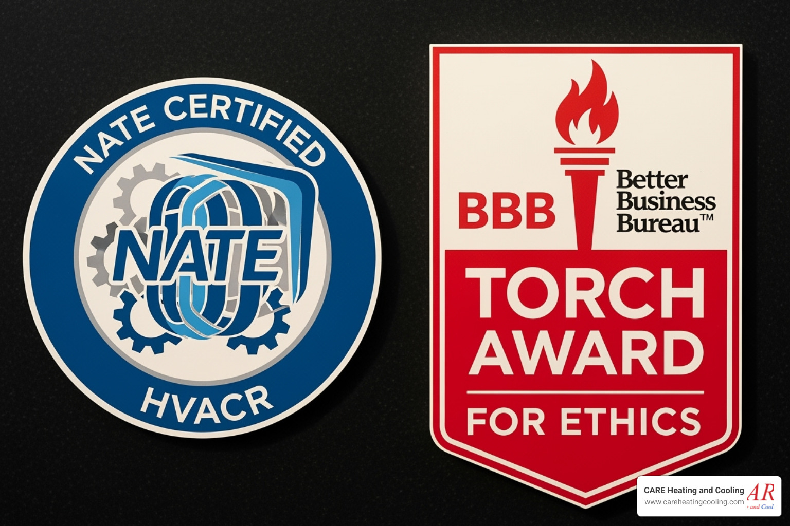 NATE-certified technician badge and BBB Torch Award for Ethics logo - furnace repair westerville NATE-certified technician badge and BBB Torch Award for Ethics logo - furnace repair westerville