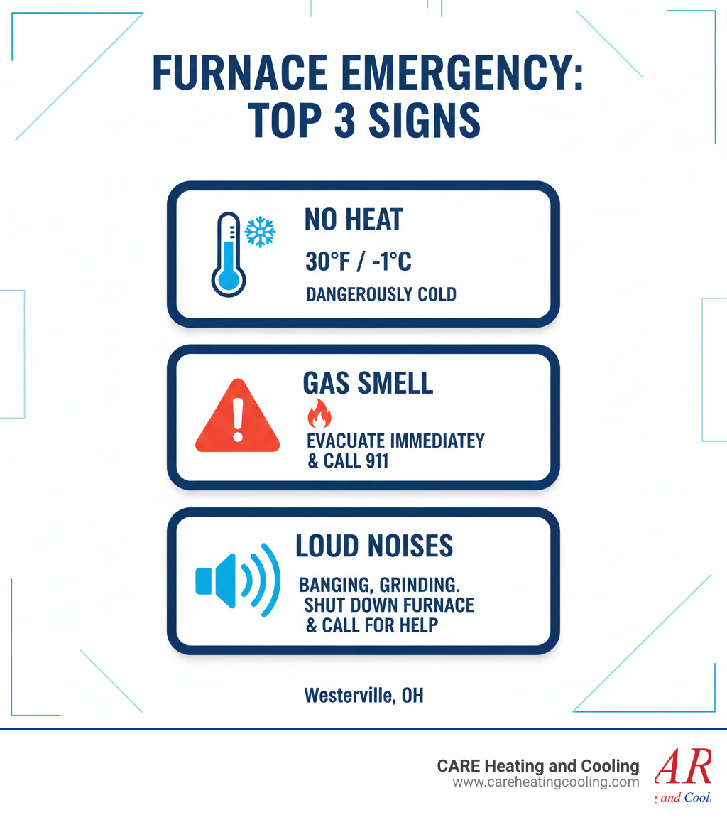 Infographic showing the top 3 signs of a furnace emergency: No Heat with thermometer icon showing cold temperatures, Gas Smell with warning symbol and evacuation instructions, and Loud Noises with sound waves and immediate shutdown guidance - emergency furnace repair westerville infographic 
