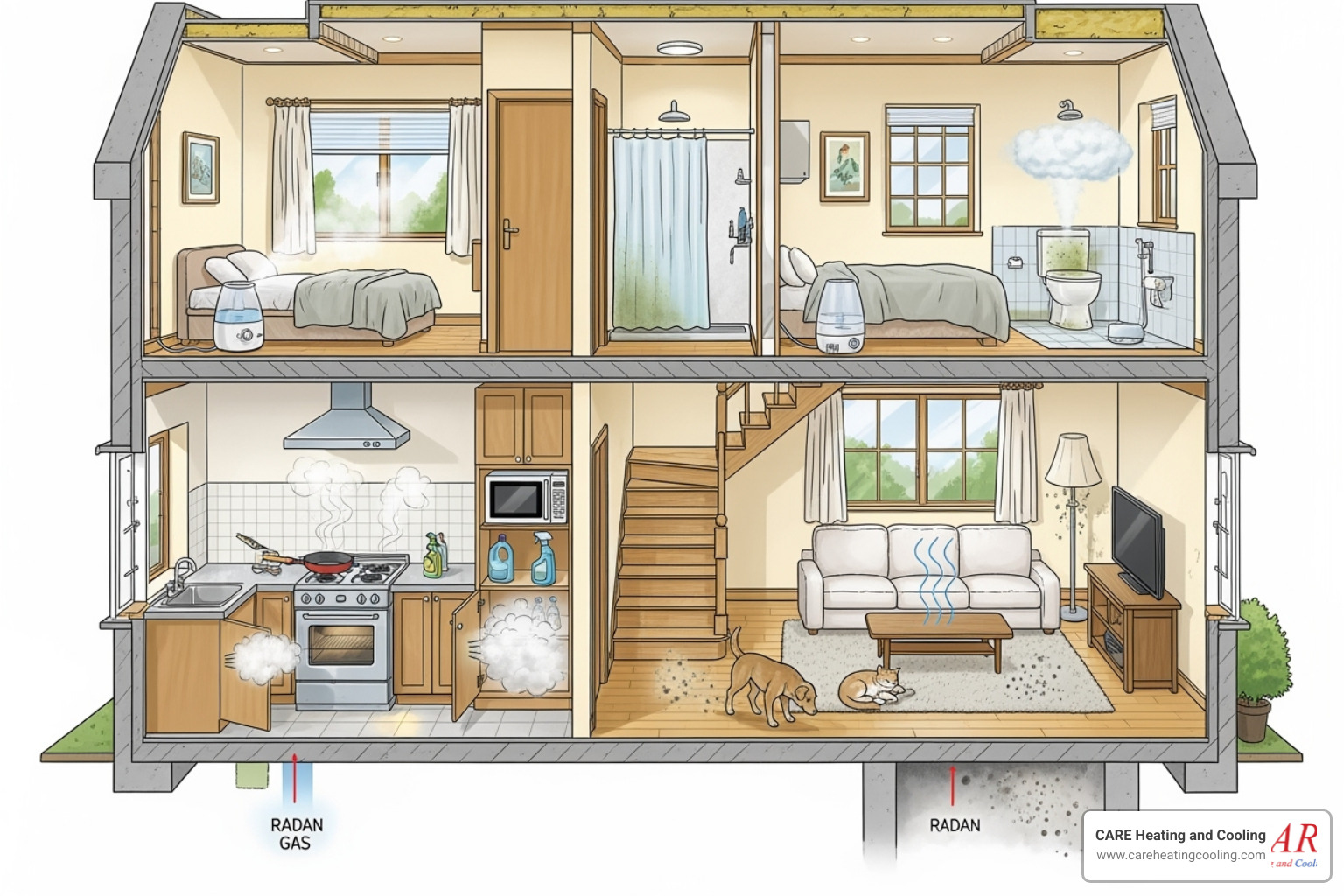 cutaway house showing various sources of indoor pollution like cooking fumes, new furniture, pets, and cleaning supplies - indoor air quality cutaway house showing various sources of indoor pollution like cooking fumes, new furniture, pets, and cleaning supplies - indoor air quality