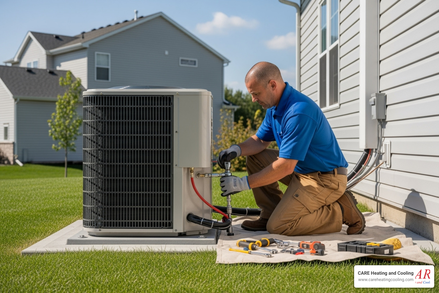 a technician carefully installing a new outdoor AC unit - ac installation dublin oh a technician carefully installing a new outdoor AC unit - ac installation dublin oh