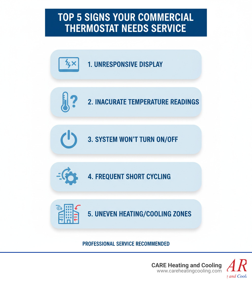Infographic showing the top 5 signs a commercial thermostat needs professional service: unresponsive display, inaccurate temperature readings, system won't turn on/off, frequent short cycling, and uneven heating/cooling zones - commercial thermostat service westerville infographic 