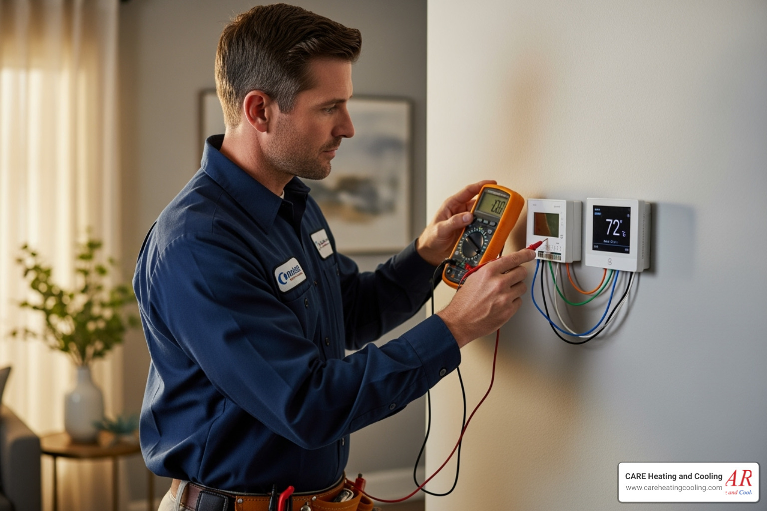 A NATE-certified technician professionally diagnosing a thermostat with diagnostic tools - thermostat repair westerville A NATE-certified technician professionally diagnosing a thermostat with diagnostic tools - thermostat repair westerville