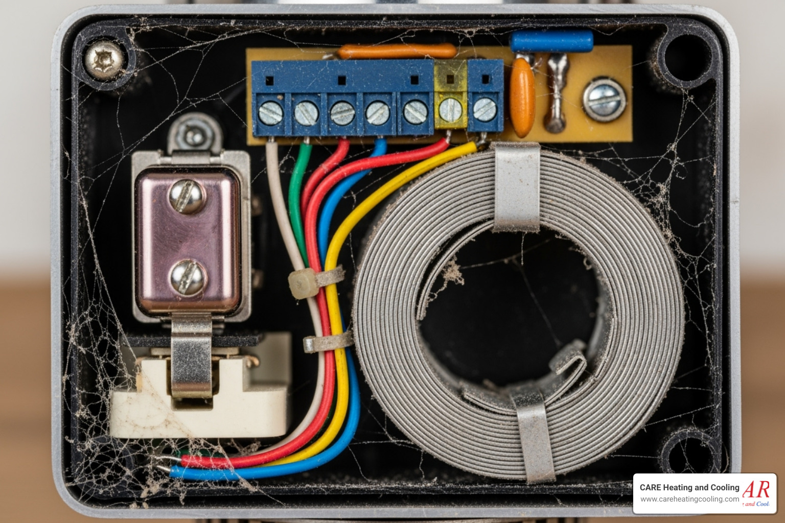 inside of a thermostat showing dust and wiring - thermostat repair westerville inside of a thermostat showing dust and wiring - thermostat repair westerville