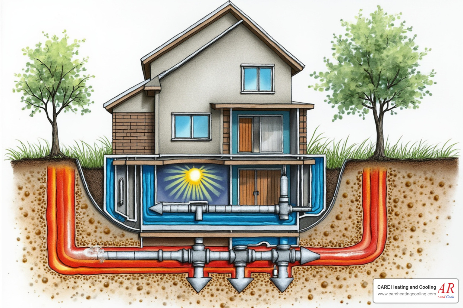 Diagram of a geothermal system illustrating heat exchange in heating and cooling modes - geothermal service dublin oh Diagram of a geothermal system illustrating heat exchange in heating and cooling modes - geothermal service dublin oh