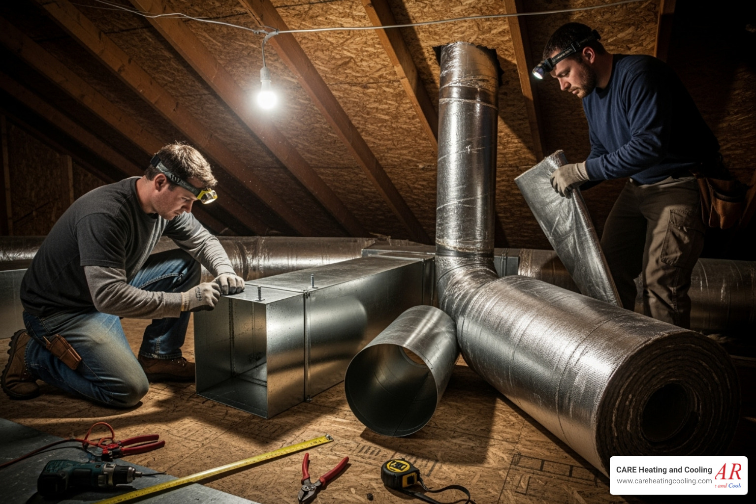 HVAC technicians carefully installing new ductwork in an attic, ensuring proper connections and insulation - duct installation westerville HVAC technicians carefully installing new ductwork in an attic, ensuring proper connections and insulation - duct installation westerville
