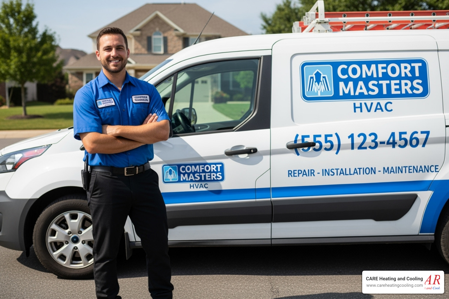 A friendly, certified HVAC technician in a clean uniform standing confidently beside a branded service vehicle, ready to assist customers - duct installation westerville A friendly, certified HVAC technician in a clean uniform standing confidently beside a branded service vehicle, ready to assist customers - duct installation westerville