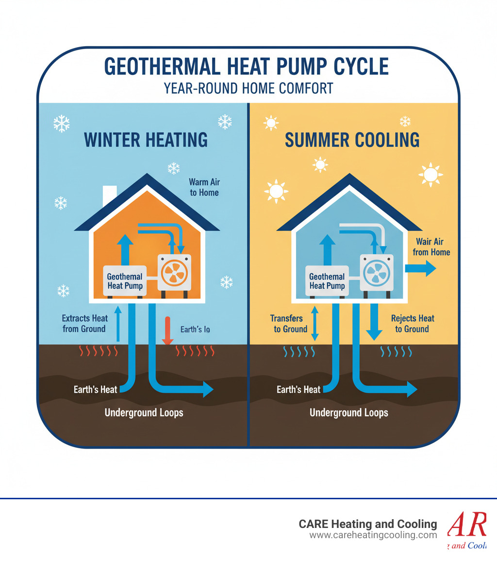 Infographic showing geothermal heat pump cycle with underground loops extracting earth's heat in winter and rejecting indoor heat to ground in summer, including heat pump unit and home distribution system - geothermal installation westerville infographic Infographic showing geothermal heat pump cycle with underground loops extracting earth's heat in winter and rejecting indoor heat to ground in summer, including heat pump unit and home distribution system - geothermal installation westerville infographic