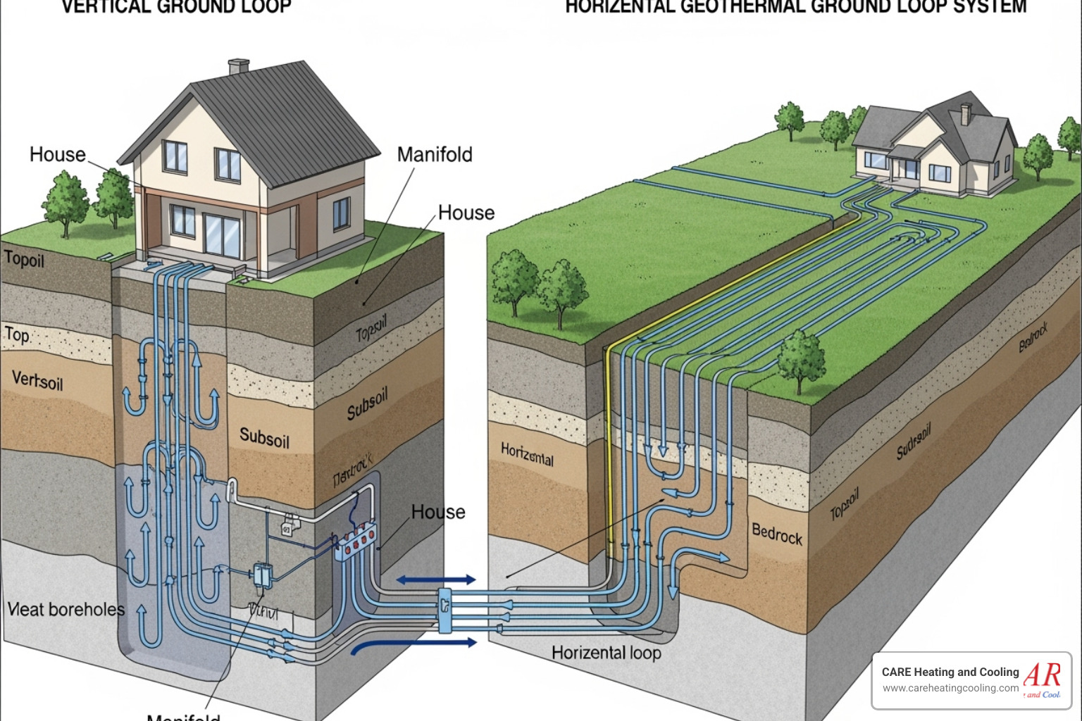 Diagram illustrating vertical ground loops for small properties and horizontal ground loops for larger properties - geothermal installation westerville Diagram illustrating vertical ground loops for small properties and horizontal ground loops for larger properties - geothermal installation westerville