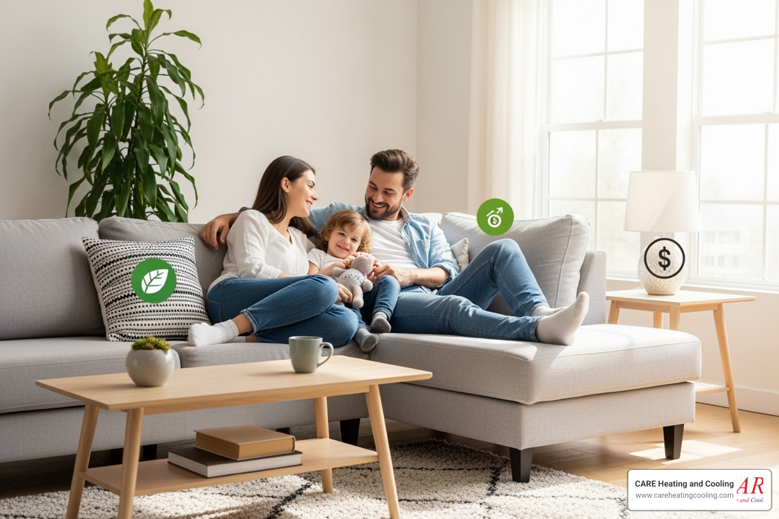 Family relaxing comfortably in living room with icons for energy savings and green leaf - geothermal installation westerville Family relaxing comfortably in living room with icons for energy savings and green leaf - geothermal installation westerville