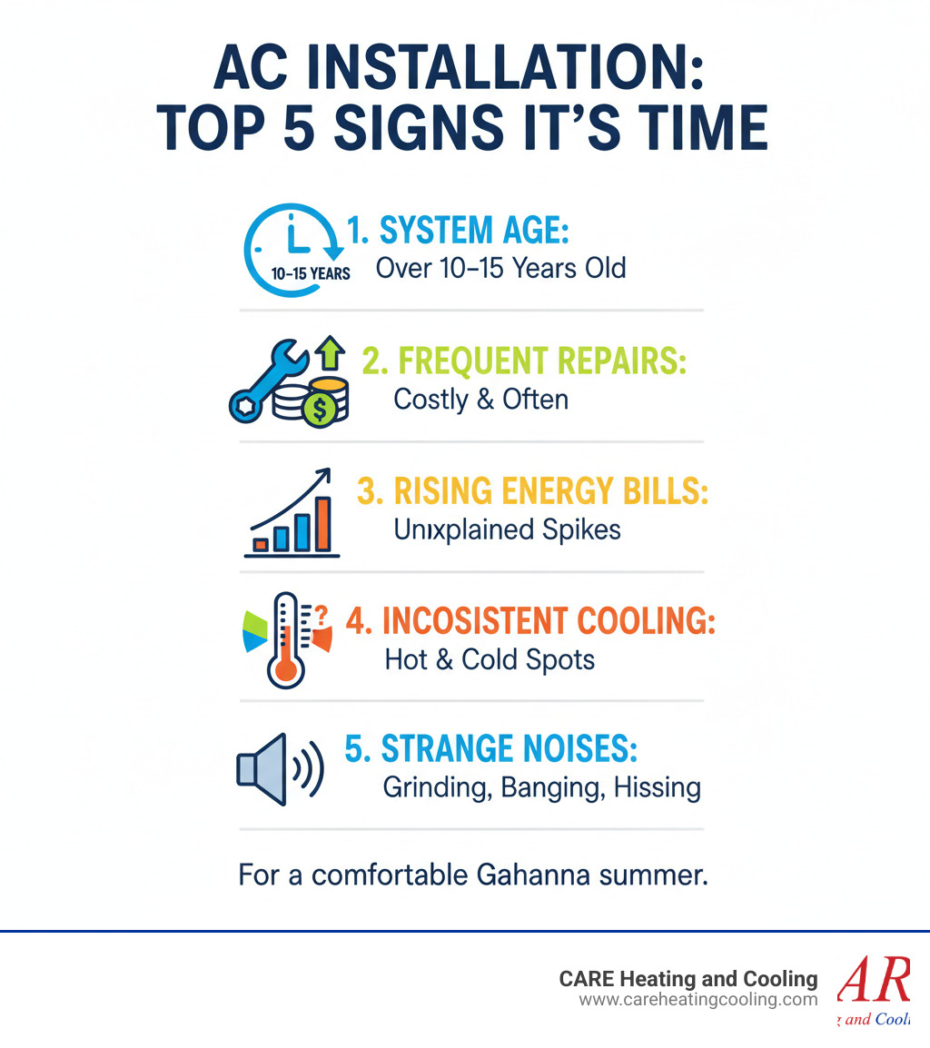Comprehensive guide showing the top 5 signs indicating when homeowners need AC installation: system age over 10-15 years, frequent costly repairs, rising energy bills, inconsistent cooling throughout the home, and strange noises from the unit - ac installation near gahanna infographic Comprehensive guide showing the top 5 signs indicating when homeowners need AC installation: system age over 10-15 years, frequent costly repairs, rising energy bills, inconsistent cooling throughout the home, and strange noises from the unit - ac installation near gahanna infographic